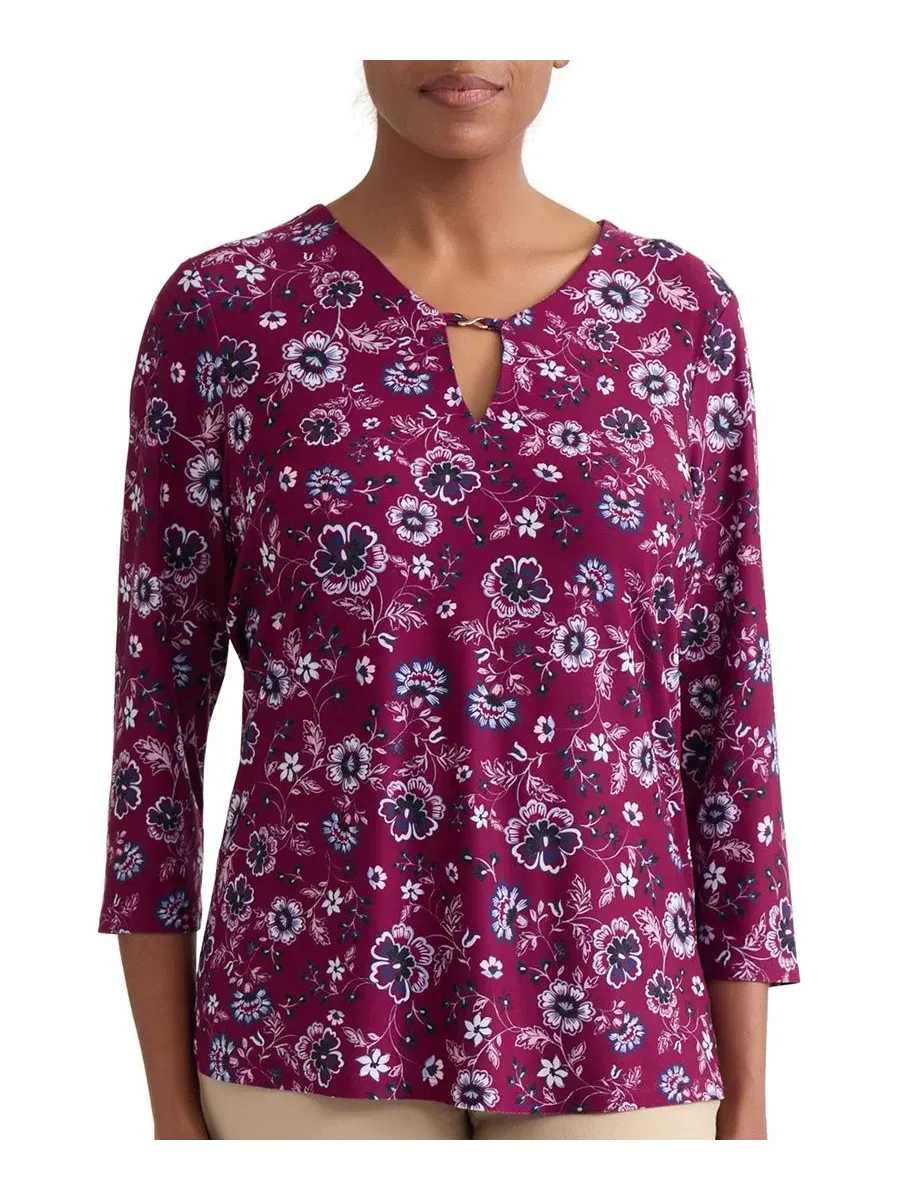 Блуза с V-образным вырезом и принтом, модель Petite Floral Print Key-Hole Detail Top Jones New York