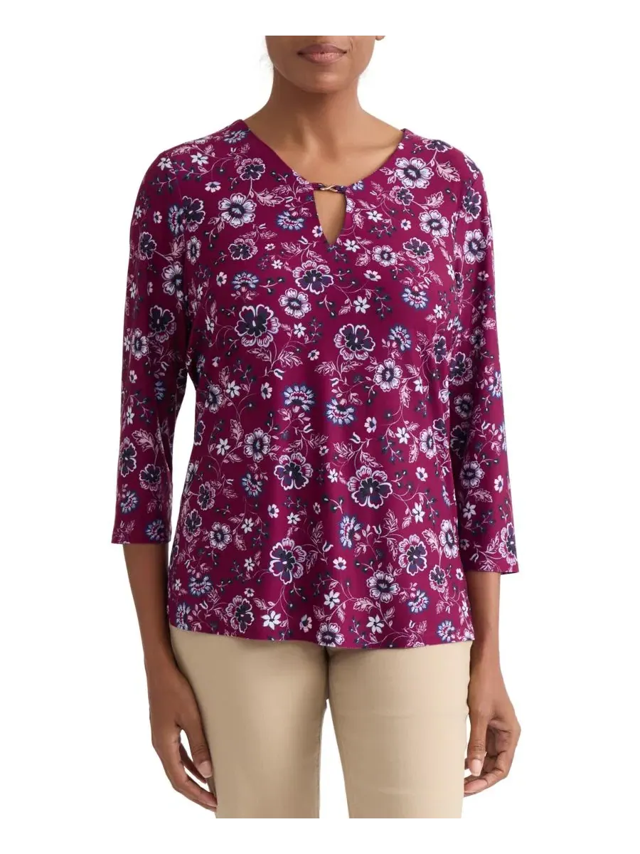Блуза с V-образным вырезом и принтом, модель Petite Floral Print Key-Hole Detail Top Jones New York — изображение 2 из 4