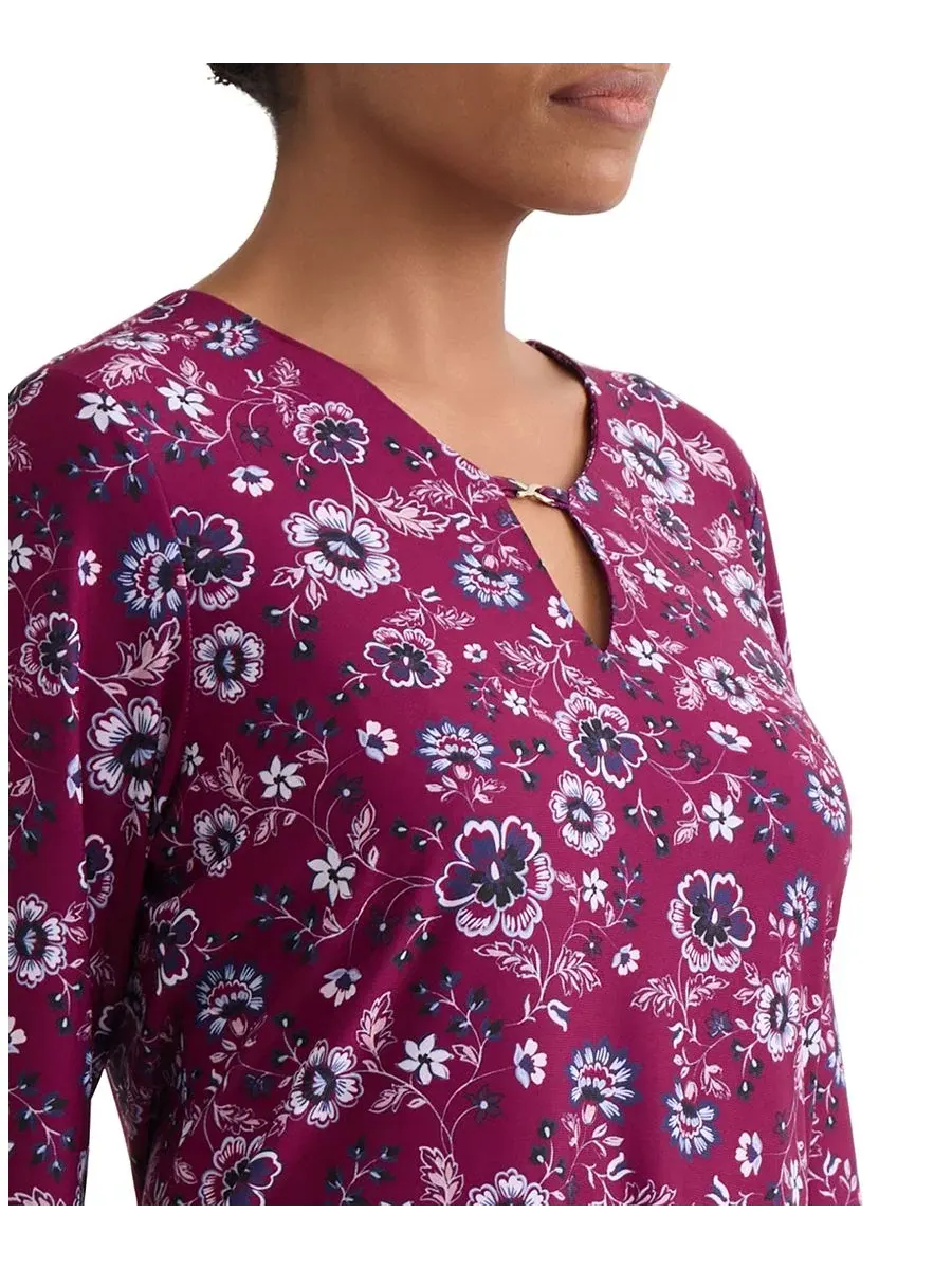 Блуза с V-образным вырезом и принтом, модель Petite Floral Print Key-Hole Detail Top Jones New York — изображение 3 из 4