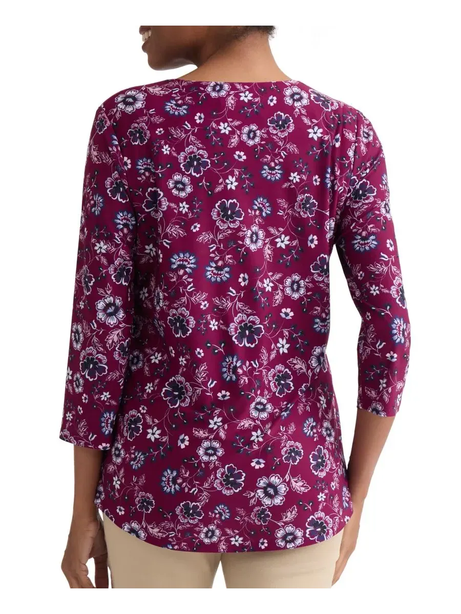 Блуза с V-образным вырезом и принтом, модель Petite Floral Print Key-Hole Detail Top Jones New York — изображение 4 из 4