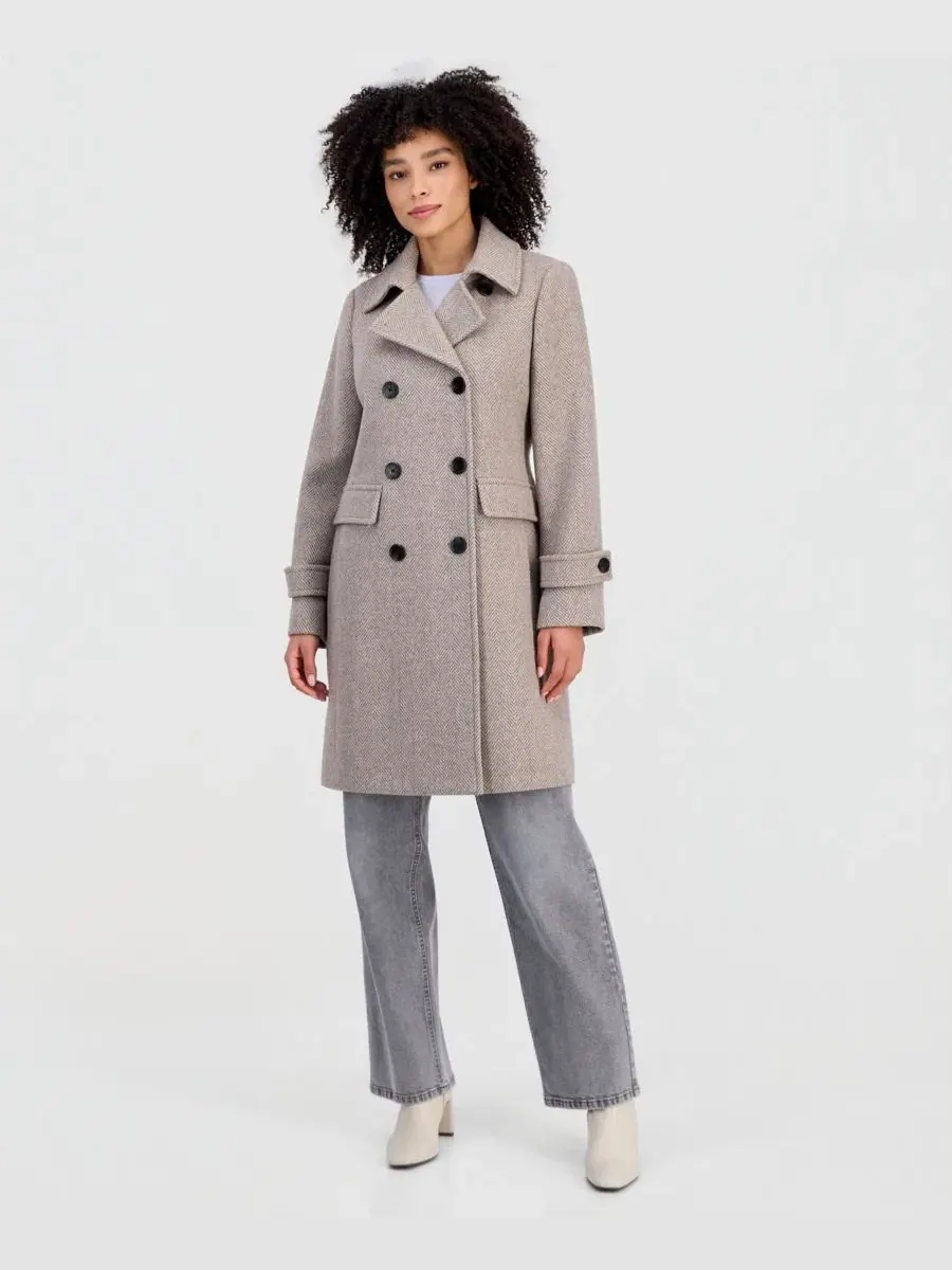 Пальто двубортное из шерстяной смеси Michael Kors, Taupe Herringbone