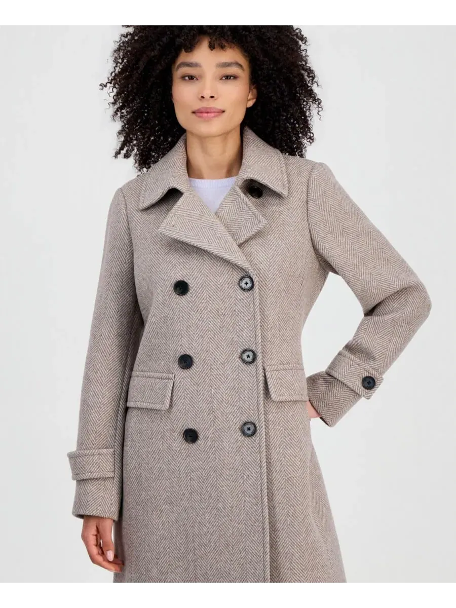Пальто двубортное из шерстяной смеси Michael Kors, Taupe Herringbone — изображение 2 из 3