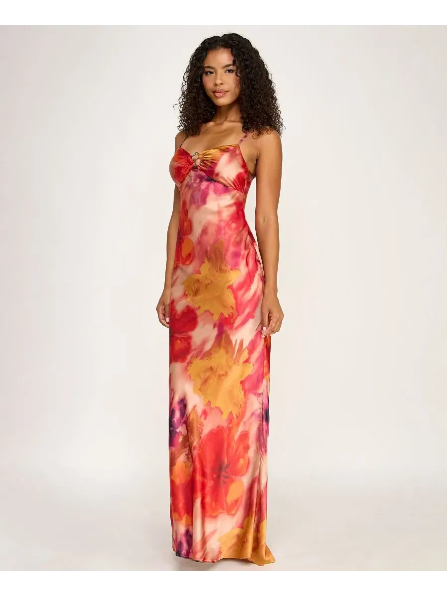 Платье-комбинация с принтом, модель Hardware-Trim Satin Slip Dress SENI & CADE — изображение 3 из 10, красный/желтый