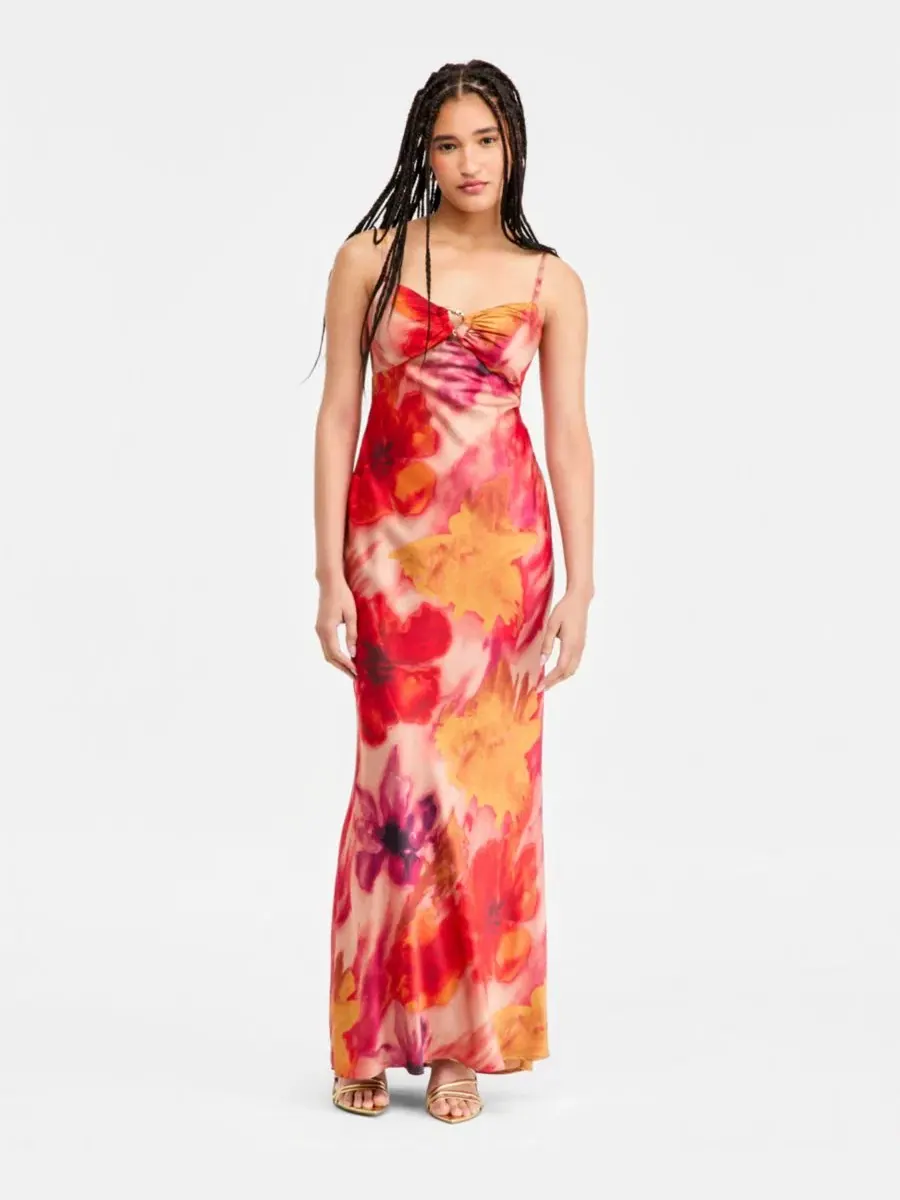 Платье-комбинация с принтом, модель Hardware-Trim Satin Slip Dress SENI & CADE — изображение 5 из 10, красный/желтый