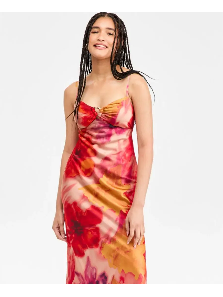 Платье-комбинация с принтом, модель Hardware-Trim Satin Slip Dress SENI & CADE — изображение 6 из 10, красный/желтый