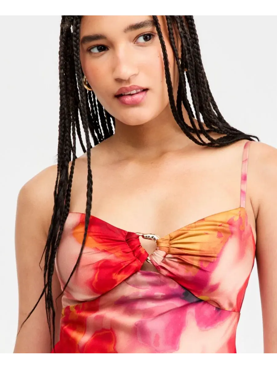 Платье-комбинация с принтом, модель Hardware-Trim Satin Slip Dress SENI & CADE — изображение 8 из 10, красный/желтый