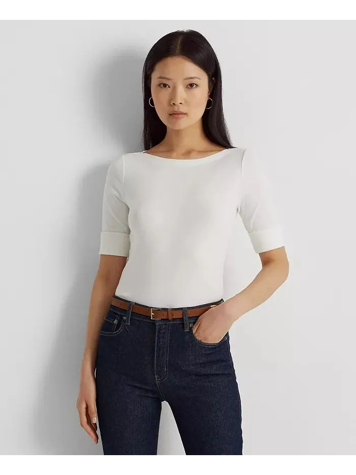 Эластичный топ с вырезом-лодочкой, стандартный и для миниатюрных Lauren Ralph Lauren — изображение 1 из 4, белый
