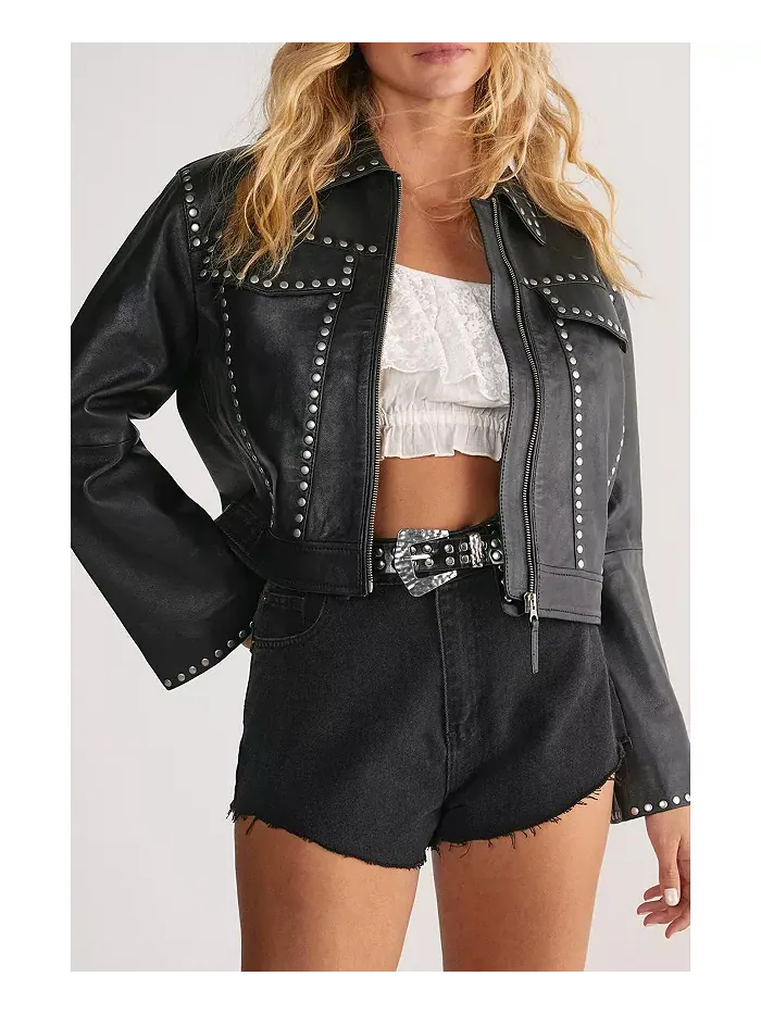 Женская кожаная укороченная куртка с заклепками Nasty Gal — изображение 5 из 8, черный