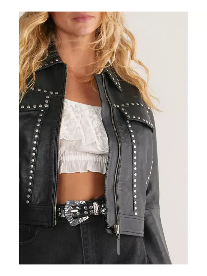 Женская кожаная укороченная куртка с заклепками Nasty Gal — изображение 7 из 8, черный