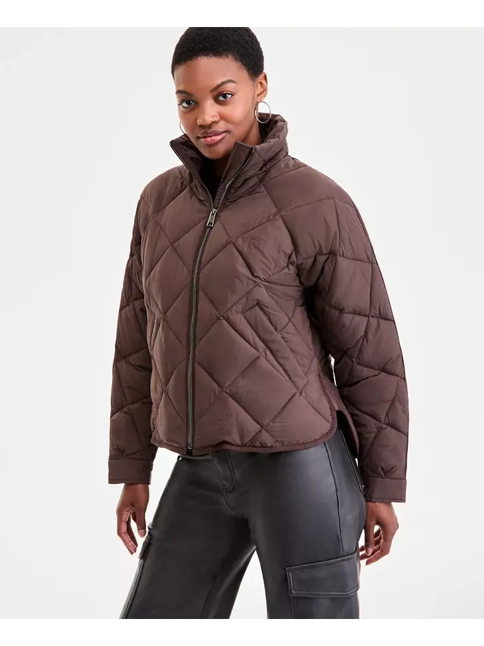 Женская укороченная стеганая куртка А-силуэта с ромбовидным узором BCBGMAXAZRIA — изображение 1 из 2, шоколад