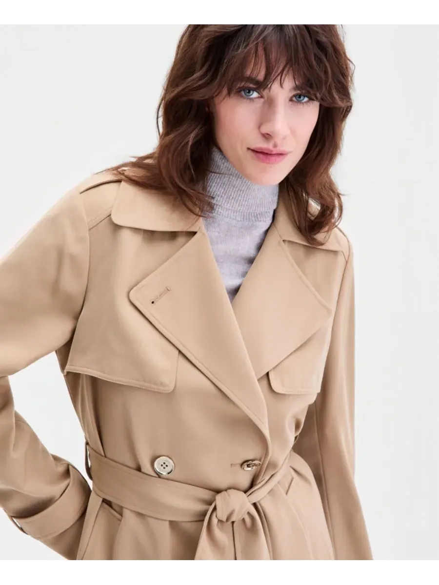 Небольшое двубортное тренч-пальто из крепа с поясом Michael Kors — изображение 2 из 5, хаки