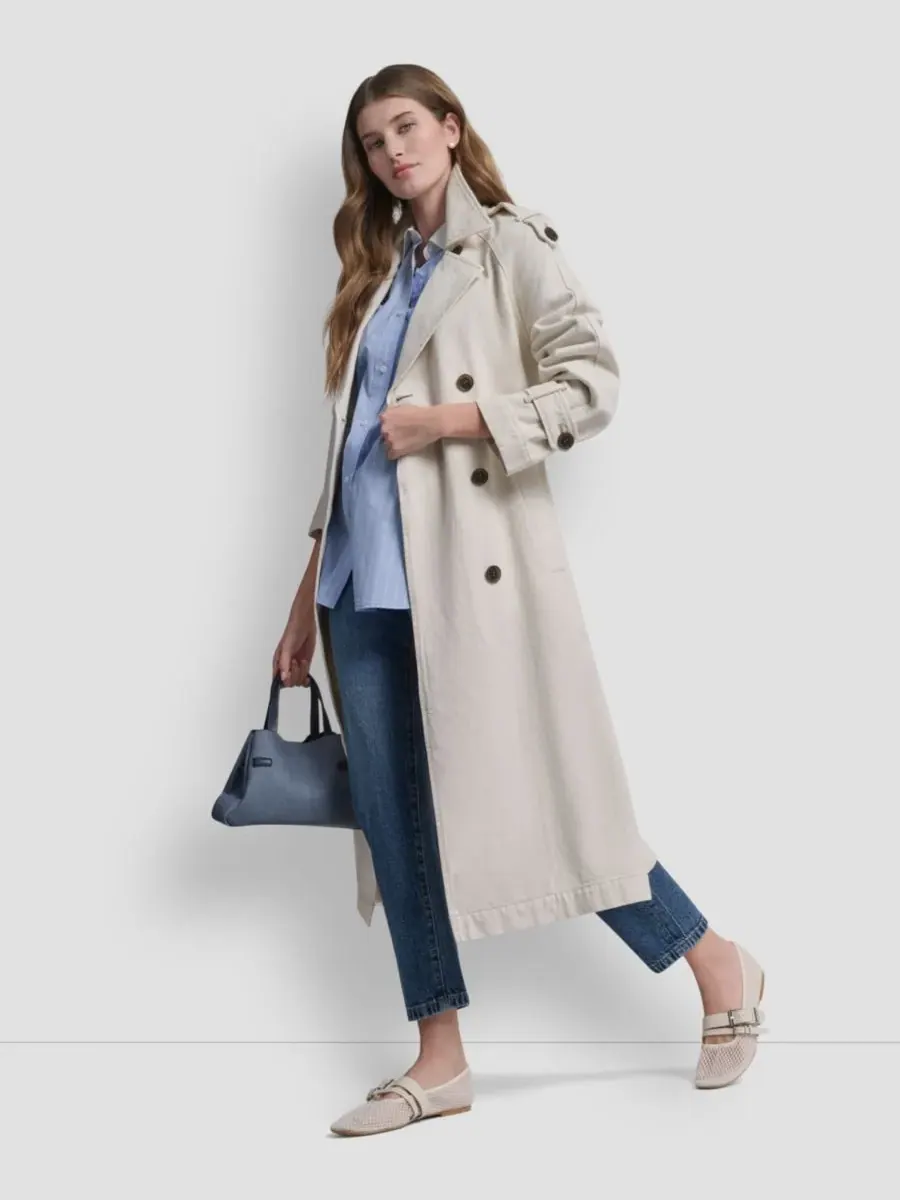 Женский двубортный джинсовый тренч с поясом DKNY — изображение 7 из 8, пергаментный