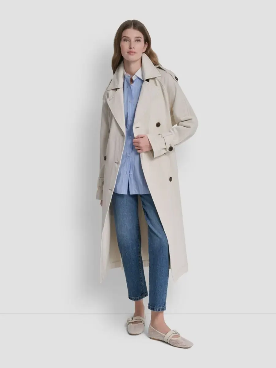 Женский двубортный джинсовый тренч с поясом DKNY — изображение 8 из 8, пергаментный