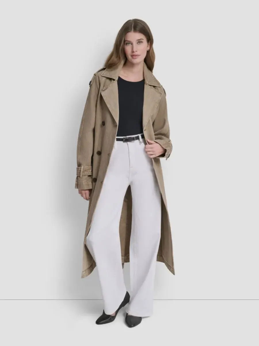 Женский двубортный джинсовый тренч с поясом DKNY — изображение 2 из 7, хаки
