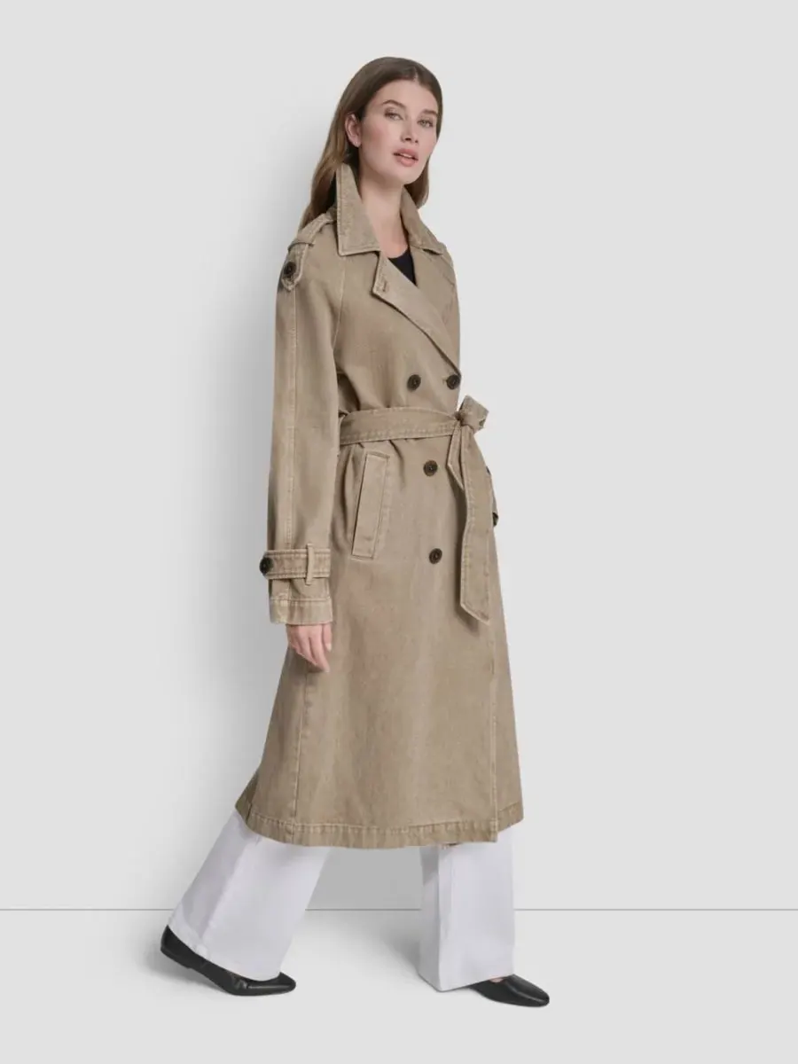 Женский двубортный джинсовый тренч с поясом DKNY — изображение 3 из 7, хаки