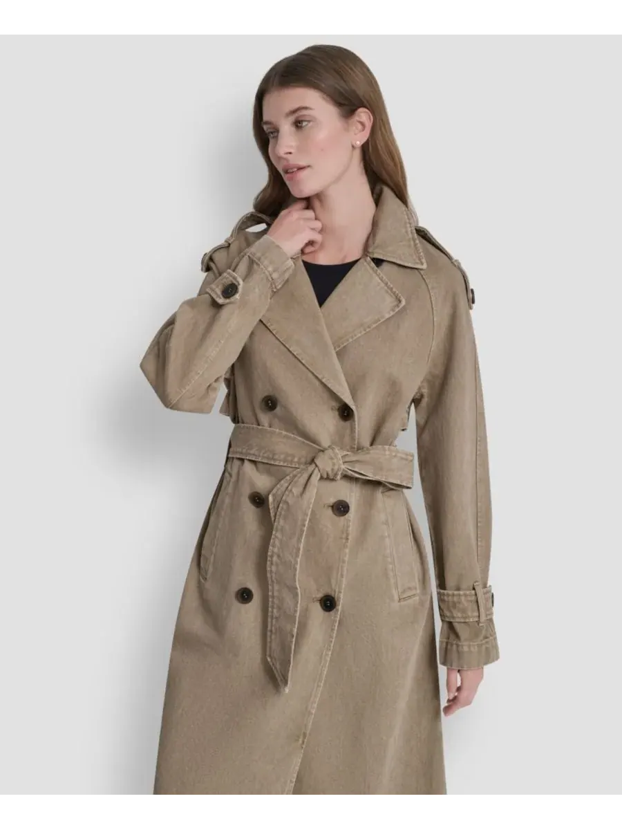Женский двубортный джинсовый тренч с поясом DKNY — изображение 4 из 7, хаки