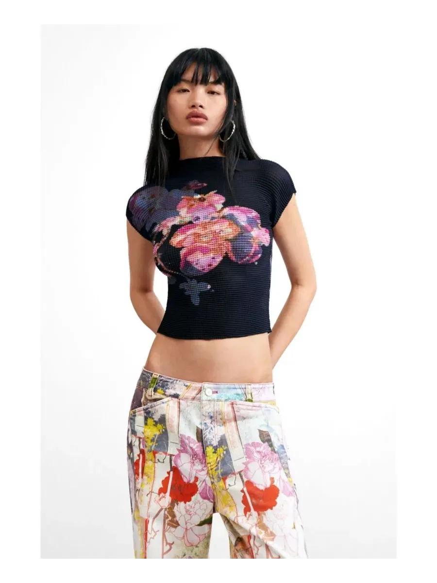 Блуза с принтом, коротким рукавом Desigual — изображение 3 из 6, черный