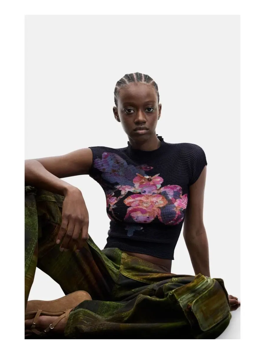 Блуза с принтом, коротким рукавом Desigual — изображение 4 из 6, черный