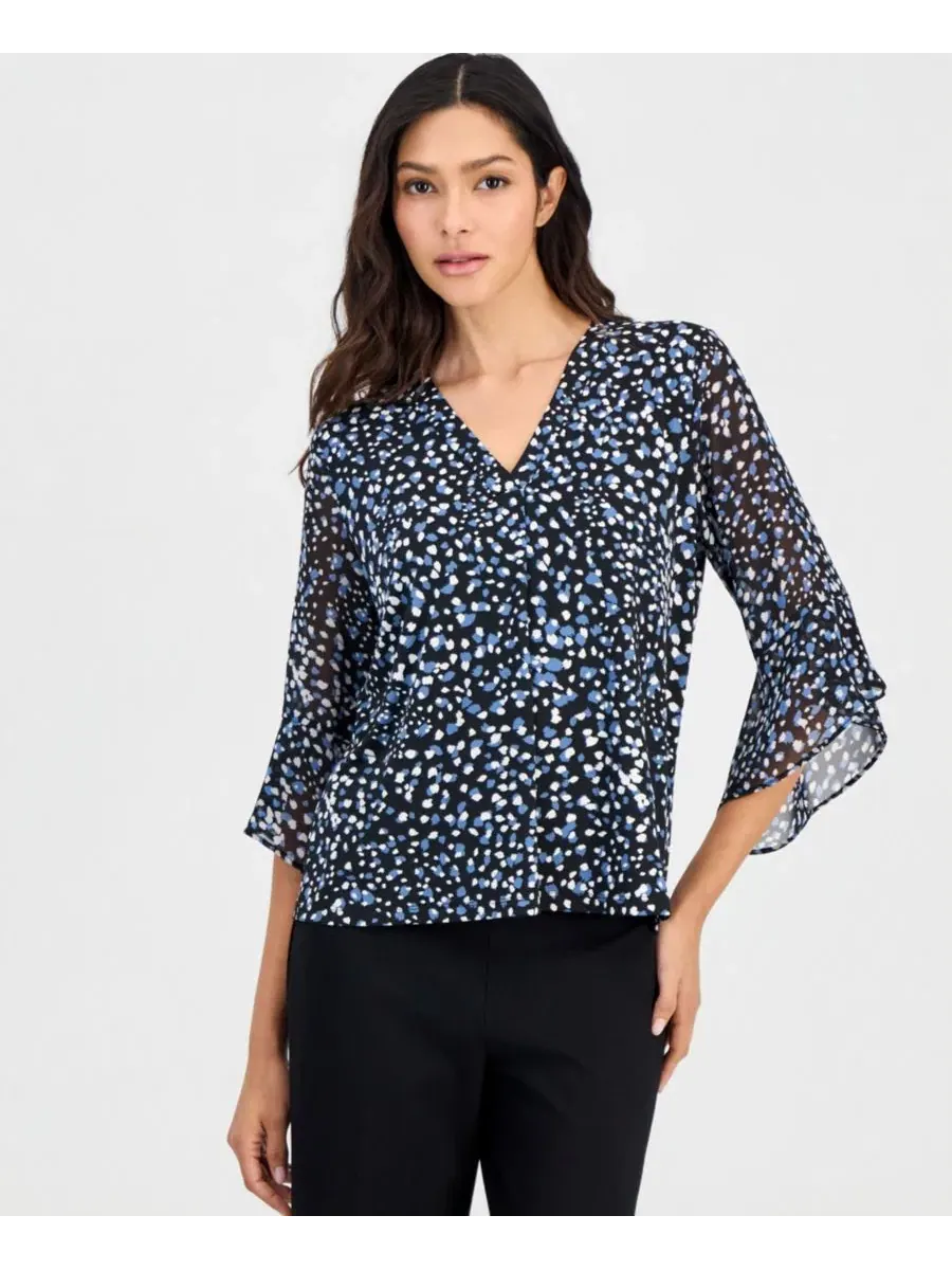 Блуза из шифона с рукавом-колокол 3/4 и разрезом у горловины Anne Klein Essentials