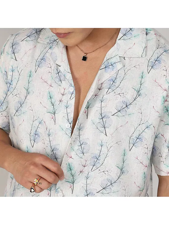 Мужская рубашка Ivory White & Icy Blue Flora Tint Campus Sutra — изображение 7 из 7, белый