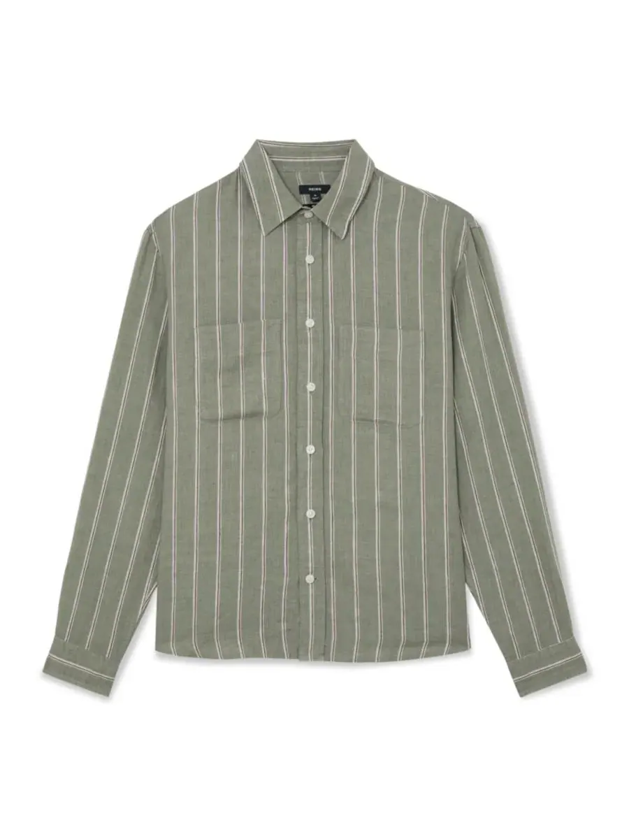 Рубашка из льна с полосатым принтом Rubus Stripe REISS — изображение 4 из 5, зеленый белый