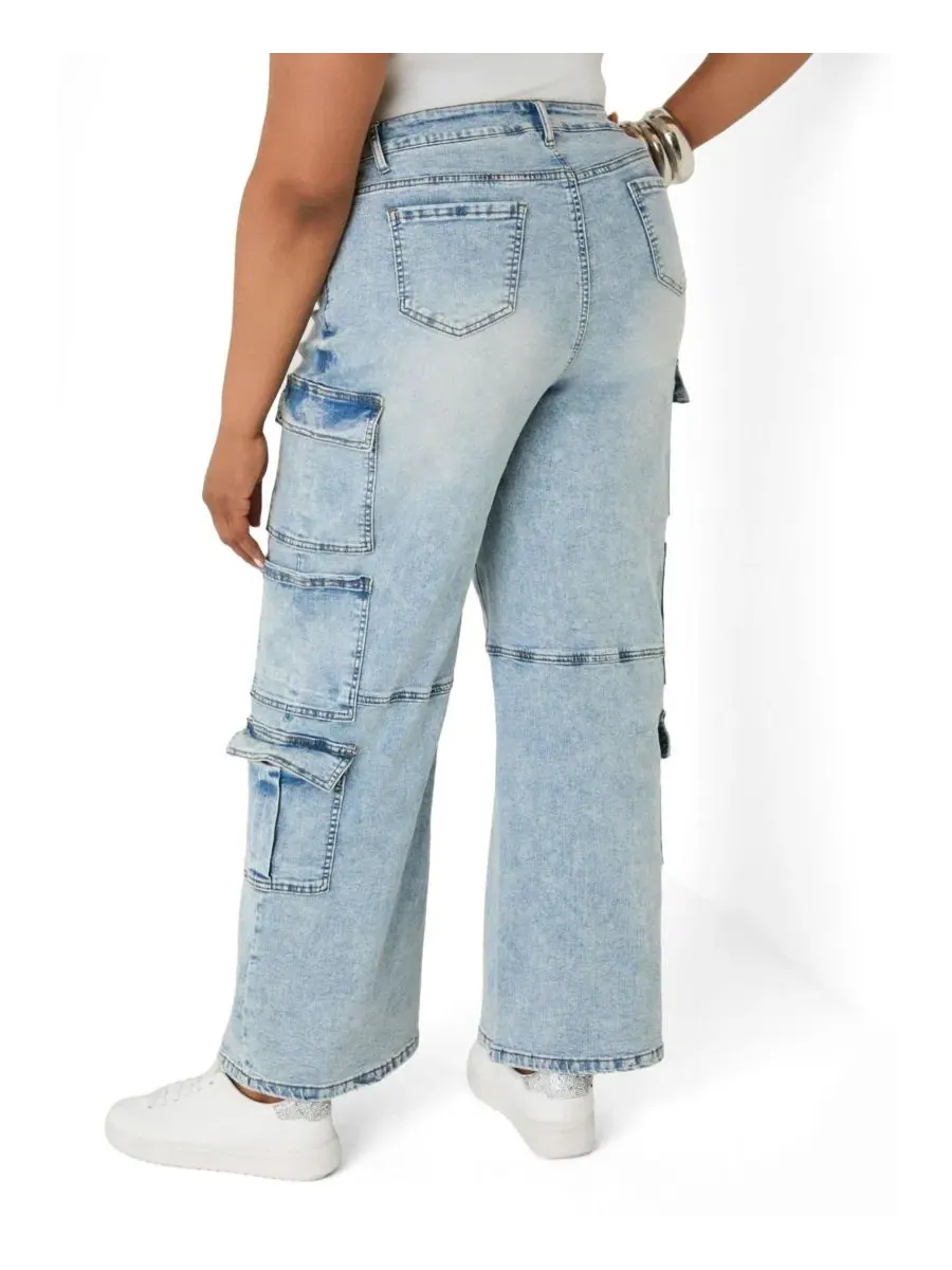 Джинсы клеш с карго-карманами Acid Wash Ashley Stewart, Plus Size — изображение 2 из 3, нет цвета