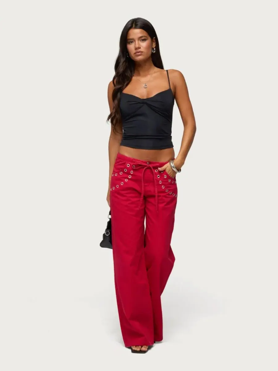 Джинсы свободного кроя с громметами Kala Low-Rise Baggy Grommet Edikted — изображение 5 из 5, бордовый