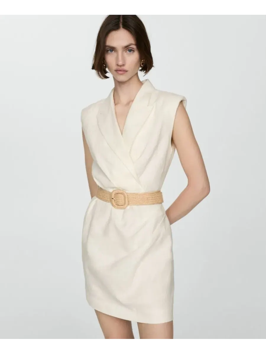 Платье без рукавов с поясом Belt Linen MANGO — изображение 6 из 7, белый