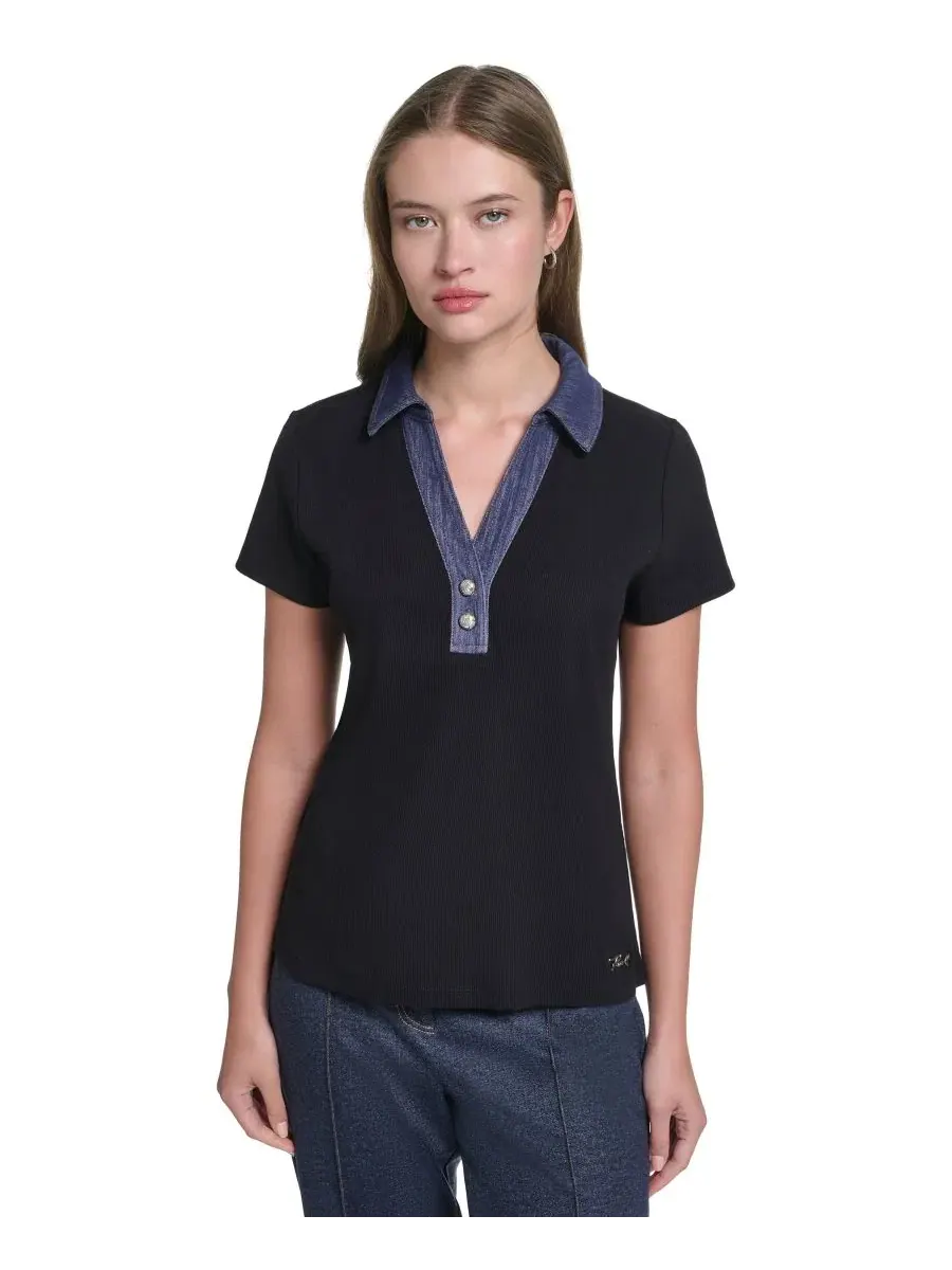 Топ с воротником и коротким рукавом Petite Collared Short-Sleeve Pull-On Top KARL LAGERFELD PARIS