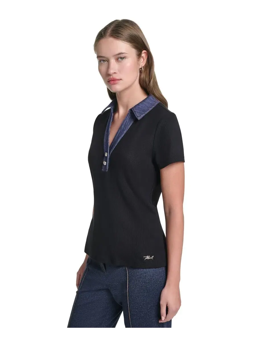 Топ с воротником и коротким рукавом Petite Collared Short-Sleeve Pull-On Top KARL LAGERFELD PARIS — изображение 3 из 7