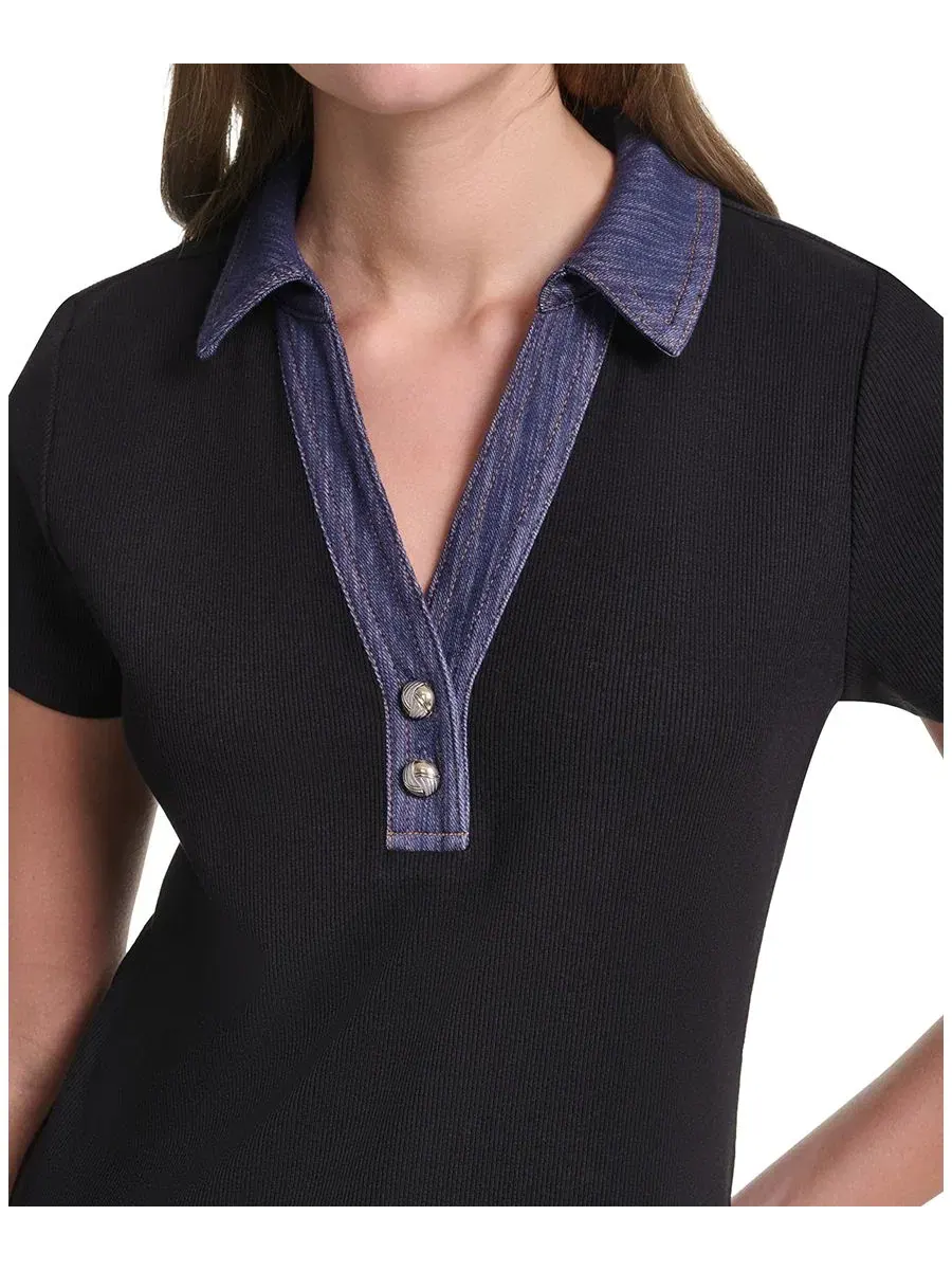 Топ с воротником и коротким рукавом Petite Collared Short-Sleeve Pull-On Top KARL LAGERFELD PARIS — изображение 4 из 7