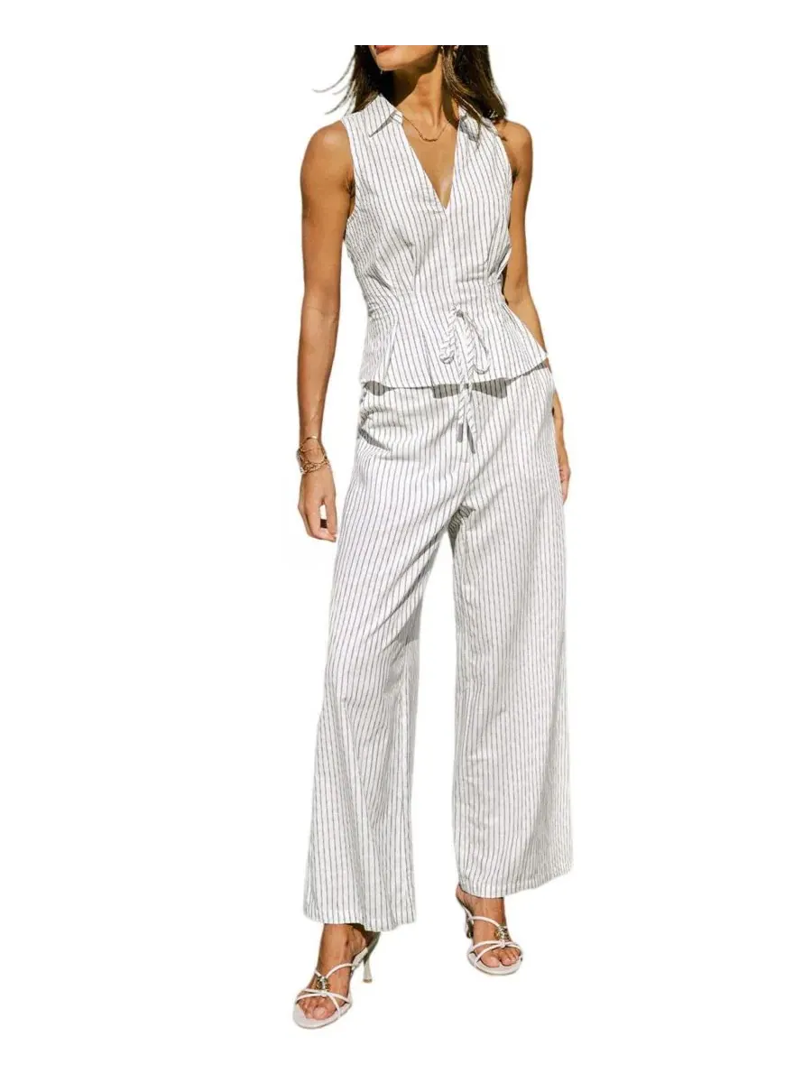 Комплект из топа с пеплумом и широких брюк Soft Bliss Striped Peplum Wide-Leg Top and Pants Set