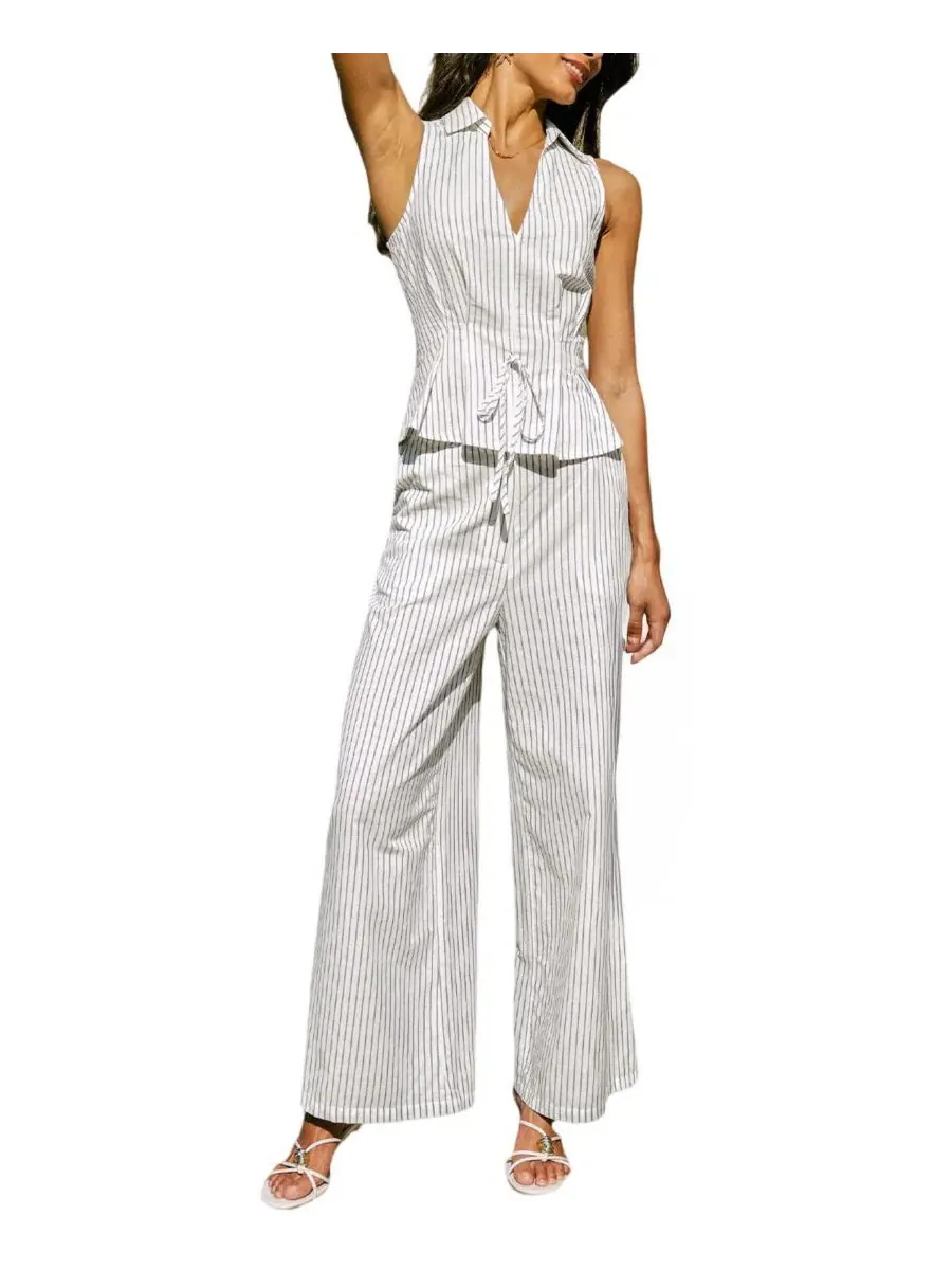 Комплект из топа с пеплумом и широких брюк Soft Bliss Striped Peplum Wide-Leg Top and Pants Set — изображение 3 из 3, черный