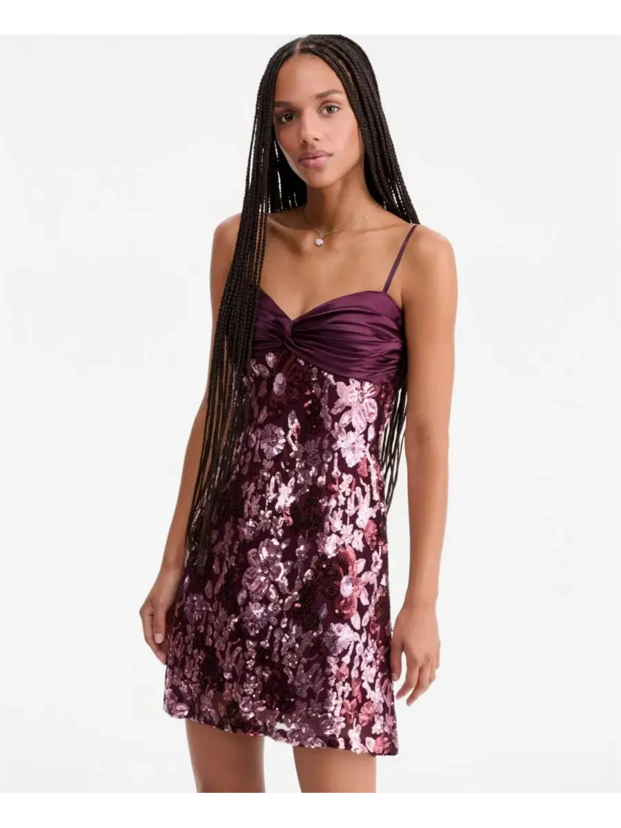 Платье с цветочным принтом из пайеток, модель Ruched Satin-Top Floral-Sequin Dress SENI & CADE — изображение 4 из 6, сливавый