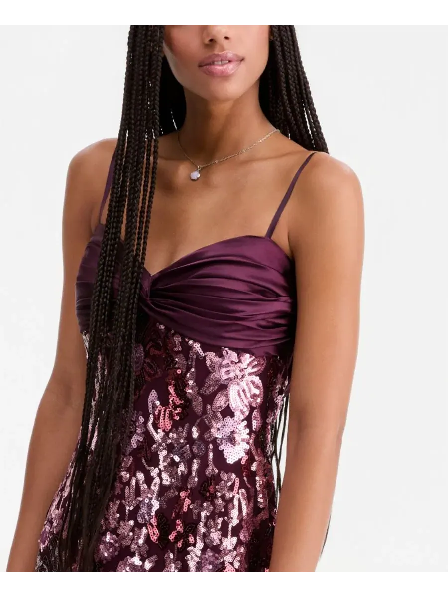Платье с цветочным принтом из пайеток, модель Ruched Satin-Top Floral-Sequin Dress SENI & CADE — изображение 5 из 6, сливавый