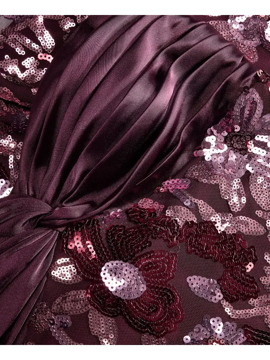 Платье с цветочным принтом из пайеток, модель Ruched Satin-Top Floral-Sequin Dress SENI & CADE — изображение 6 из 6, сливавый