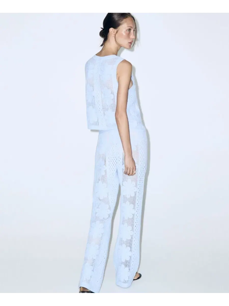 Брюки прямого кроя с вышивкой Broderie Anglaise MANGO — изображение 4 из 6, синий