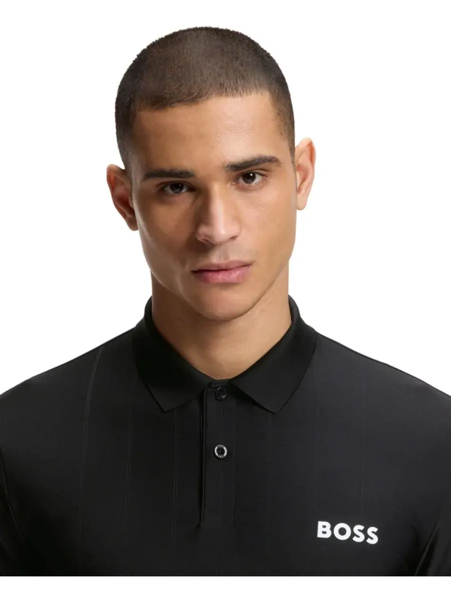 Поло с коротким рукавом и принтом BOSS by Four-Way Stretch Stripe-Jersey Slim-Fit Hugo Boss — изображение 5 из 5, черный