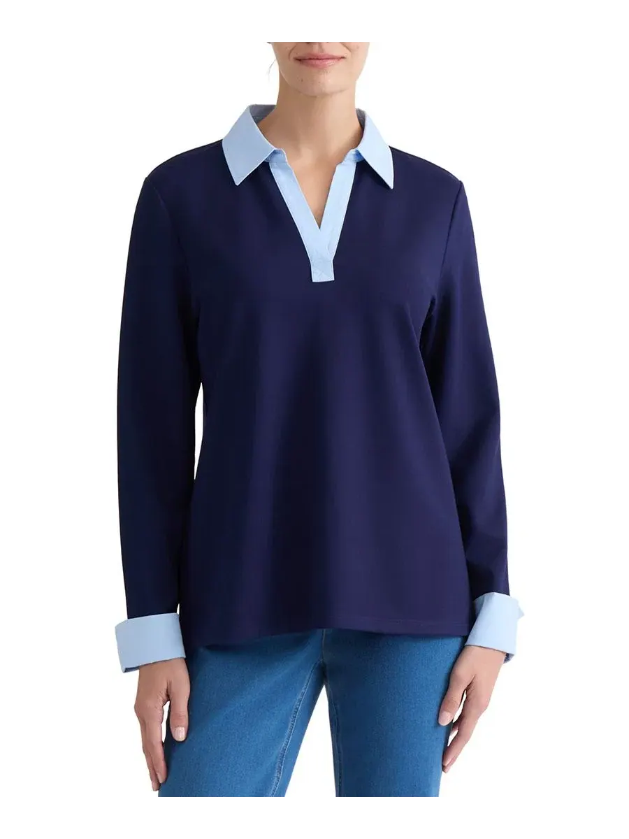 Блузка с контрастным воротником и манжетами, Petite V-Neck Twofer Top Jones New York