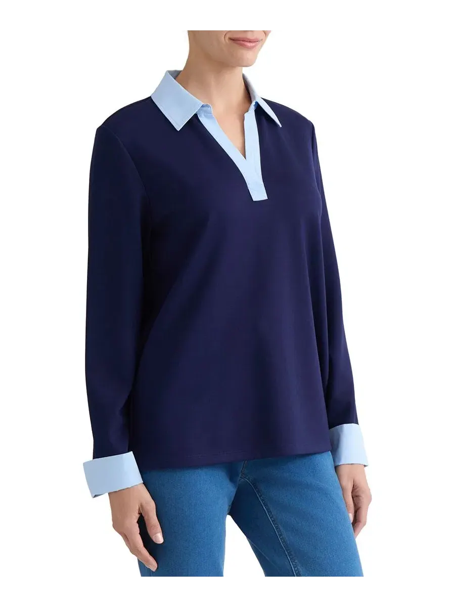 Блузка с контрастным воротником и манжетами, Petite V-Neck Twofer Top Jones New York — изображение 2 из 4, темно-синий/синий