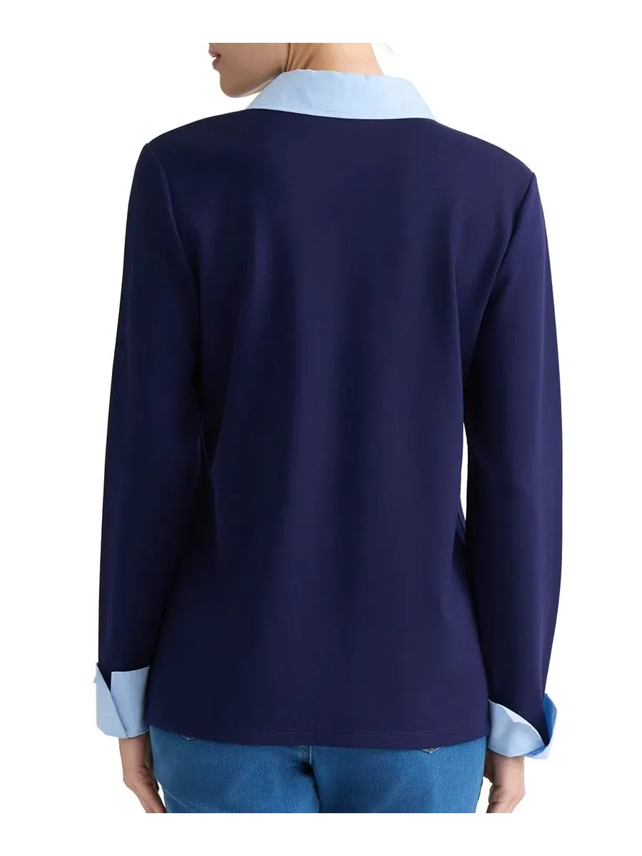 Блузка с контрастным воротником и манжетами, Petite V-Neck Twofer Top Jones New York — изображение 4 из 4, темно-синий/синий