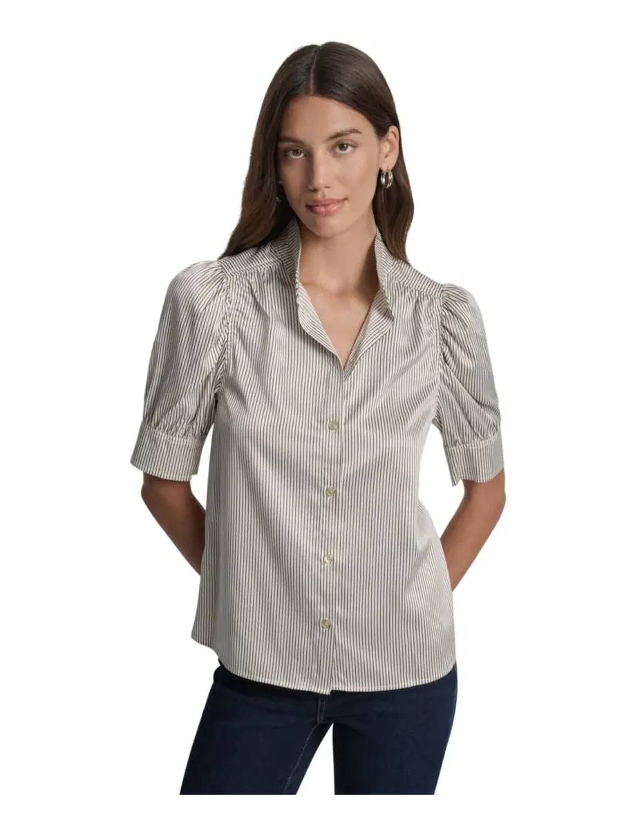 Блузка с воротником-стойкой и рукавами-фонариками Petite Puff-Sleeve Button-Front Shirt DKNY Jeans — изображение 3 из 6