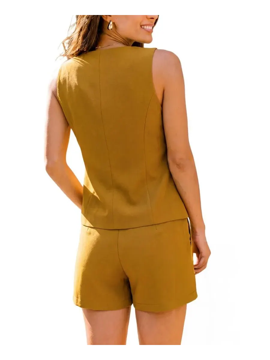 Женский костюм-двойка без рукавов с квадратным вырезом Gentle Tailored Vest Short Co-Ord Cupshe — изображение 3 из 3, желтый