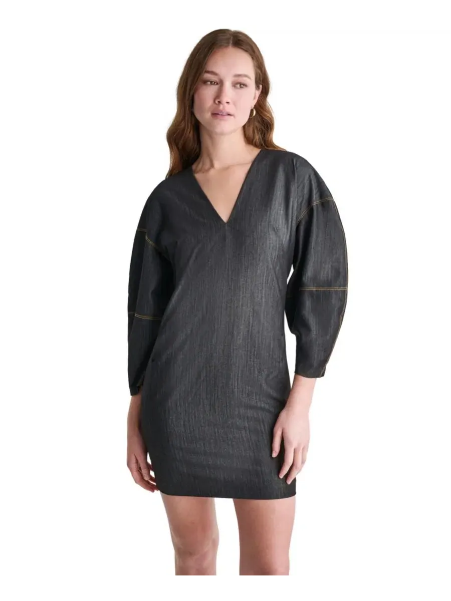 Платье-мини из денима с V-образным вырезом и рукавом 3/4 BCBG — изображение 4 из 7, черный
