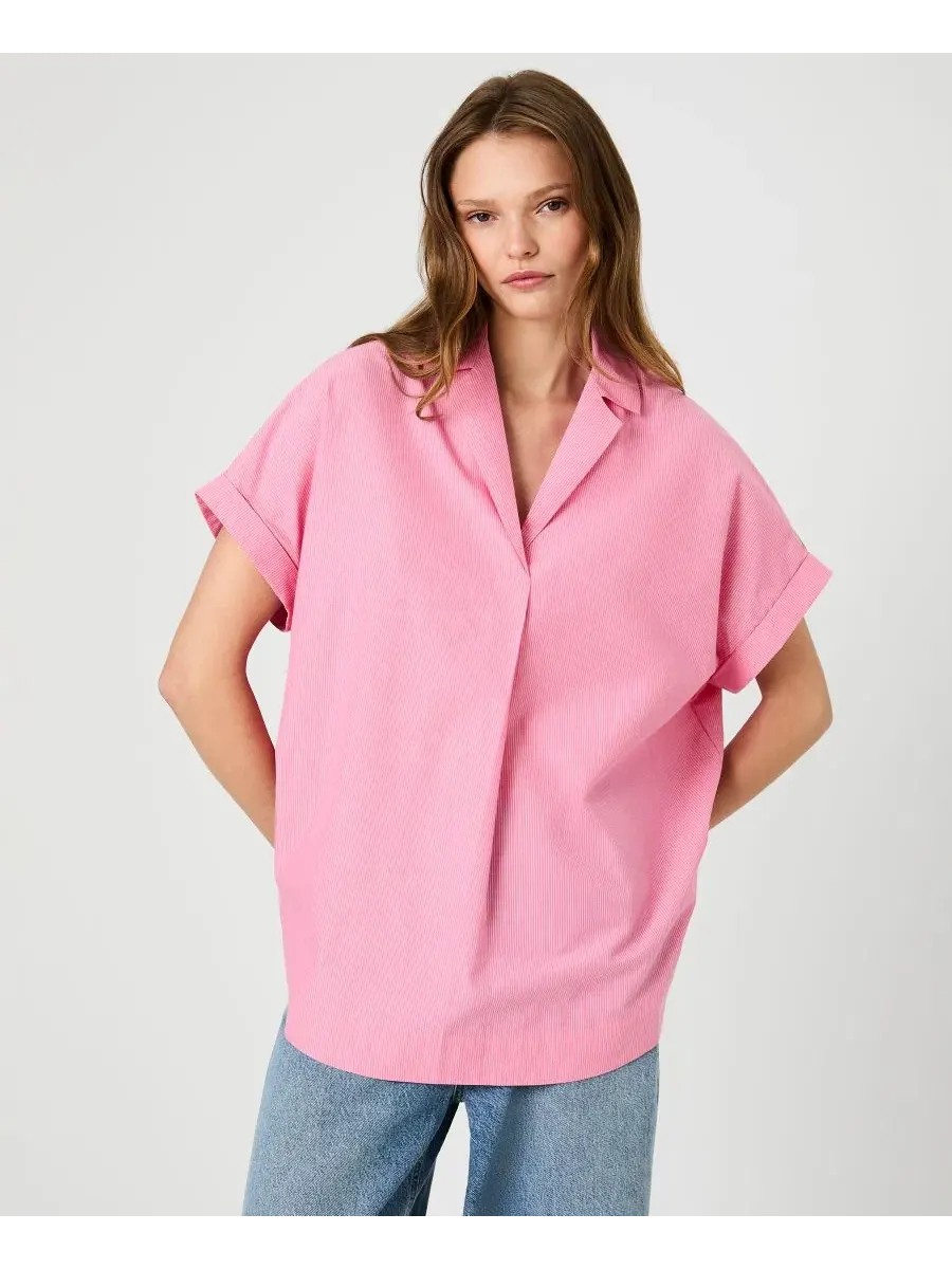 Рубашка-поло с воротником и V-образным вырезом Rhodes Poplin Ticking Striped Popover French