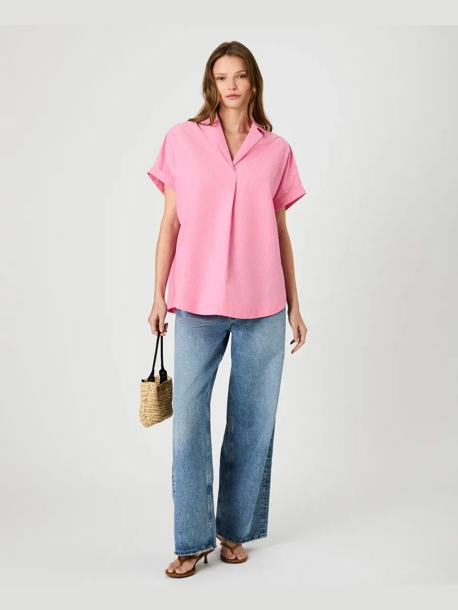 Рубашка-поло с воротником и V-образным вырезом Rhodes Poplin Ticking Striped Popover French — изображение 3 из 6, розовый