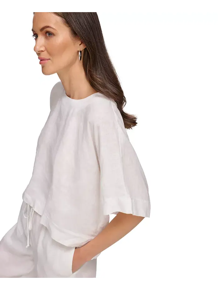 Льняная блуза с рукавом реглан и коротким рукавом DKNY — изображение 5 из 6, белый