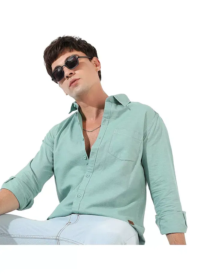 Мужская однотонная аква-зеленая повседневная рубашка Regular Fit Campus Sutra