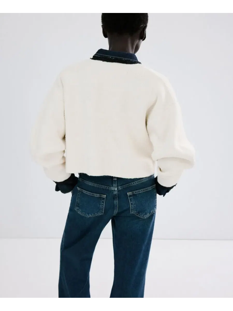 Кардиган с контрастной резинкой, длиной 48 см, модель Contrasting Ribbed MANGO — изображение 2 из 6, экру