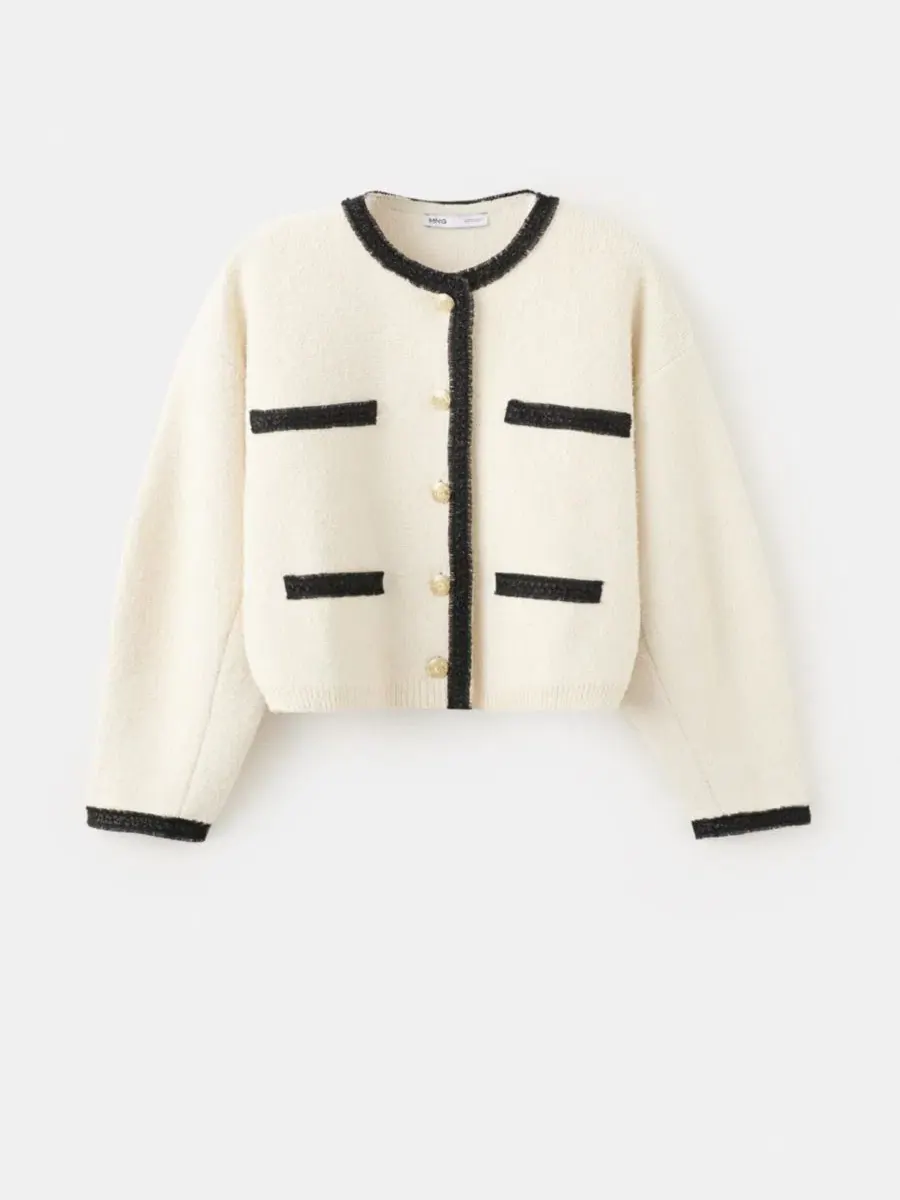 Кардиган с контрастной резинкой, длиной 48 см, модель Contrasting Ribbed MANGO — изображение 6 из 6, экру